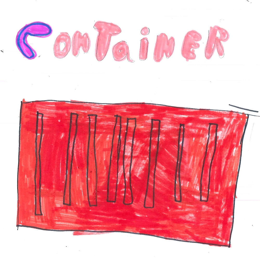 Dessin de Israa (8 ans). Mot: ContainerTechnique: Feutres.