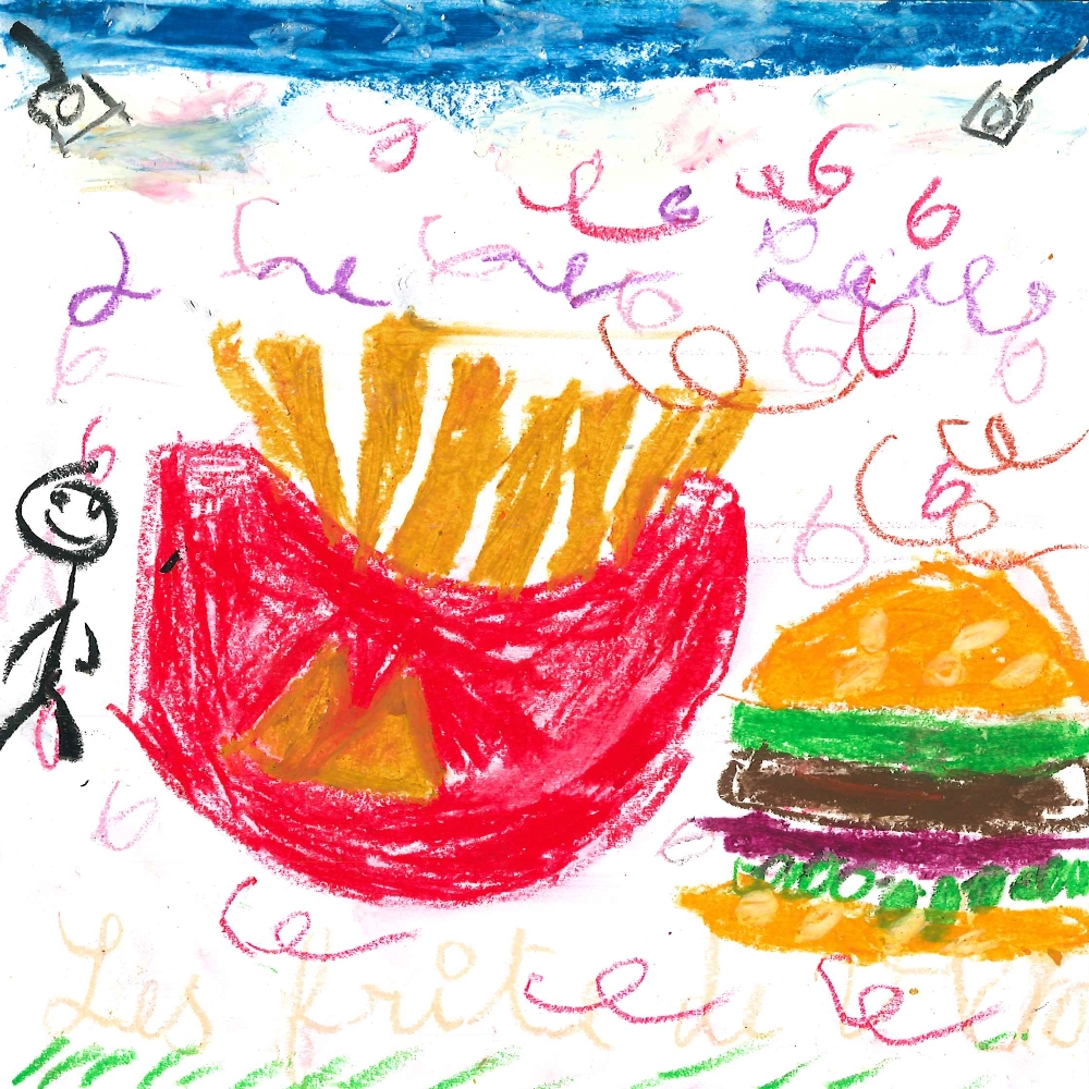 Dessin de Biella (8 ans). Mot: Frites à VictorTechnique: Pastels.