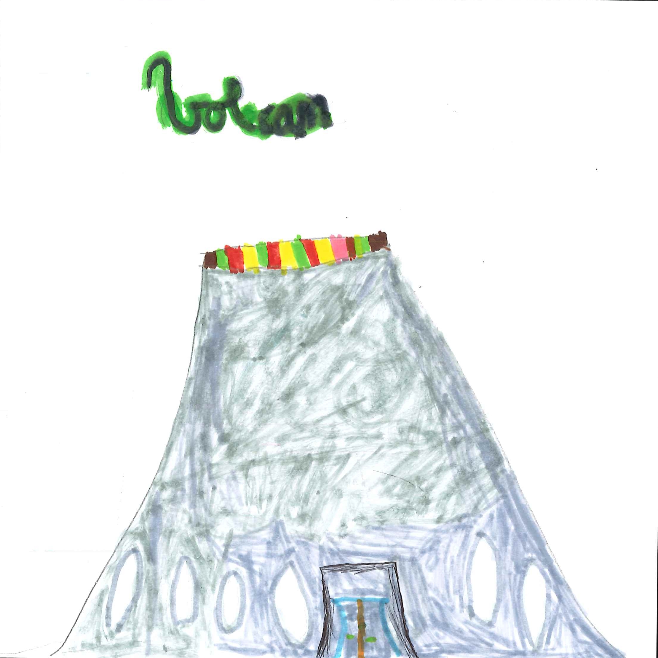 Dessin de Haydar (8 ans). Mot: VolcanTechnique: Feutres.
