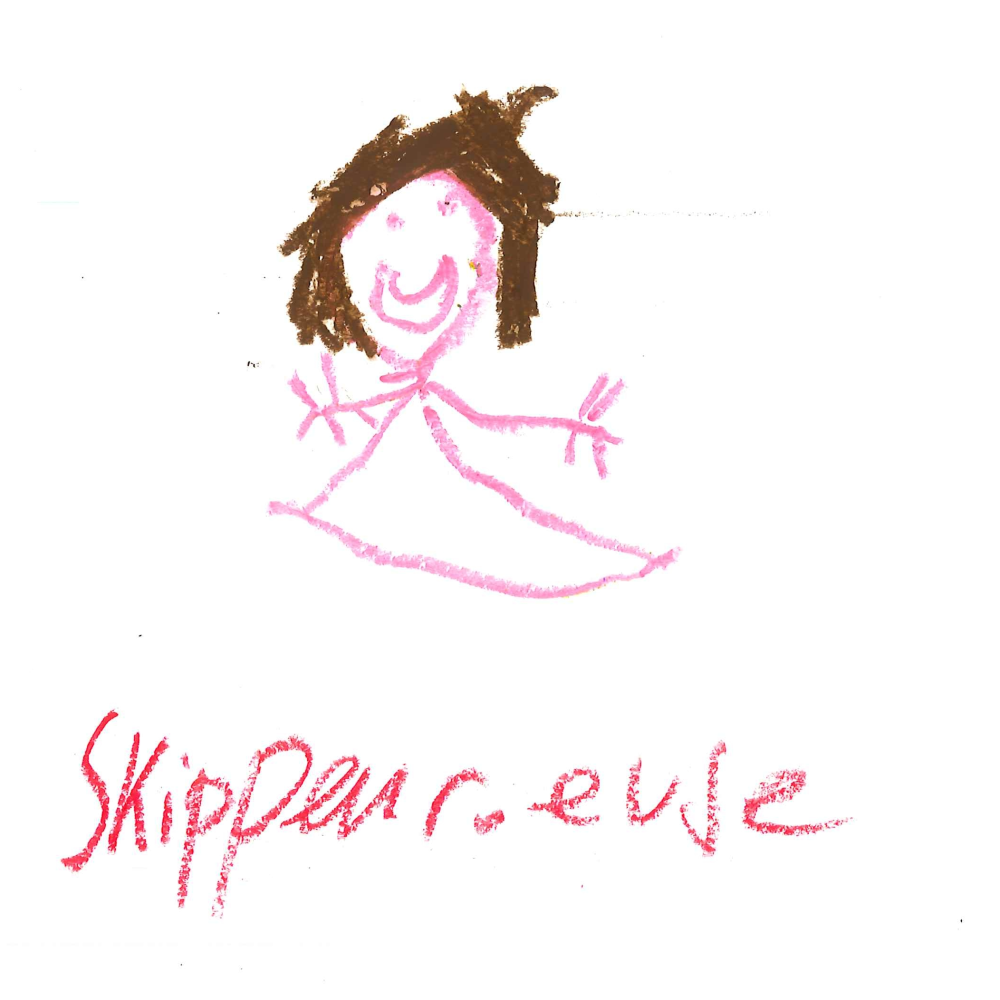 Dessin de Louise (4 ans). Mot: Skippeur / SkippeuseTechnique: Pastels.