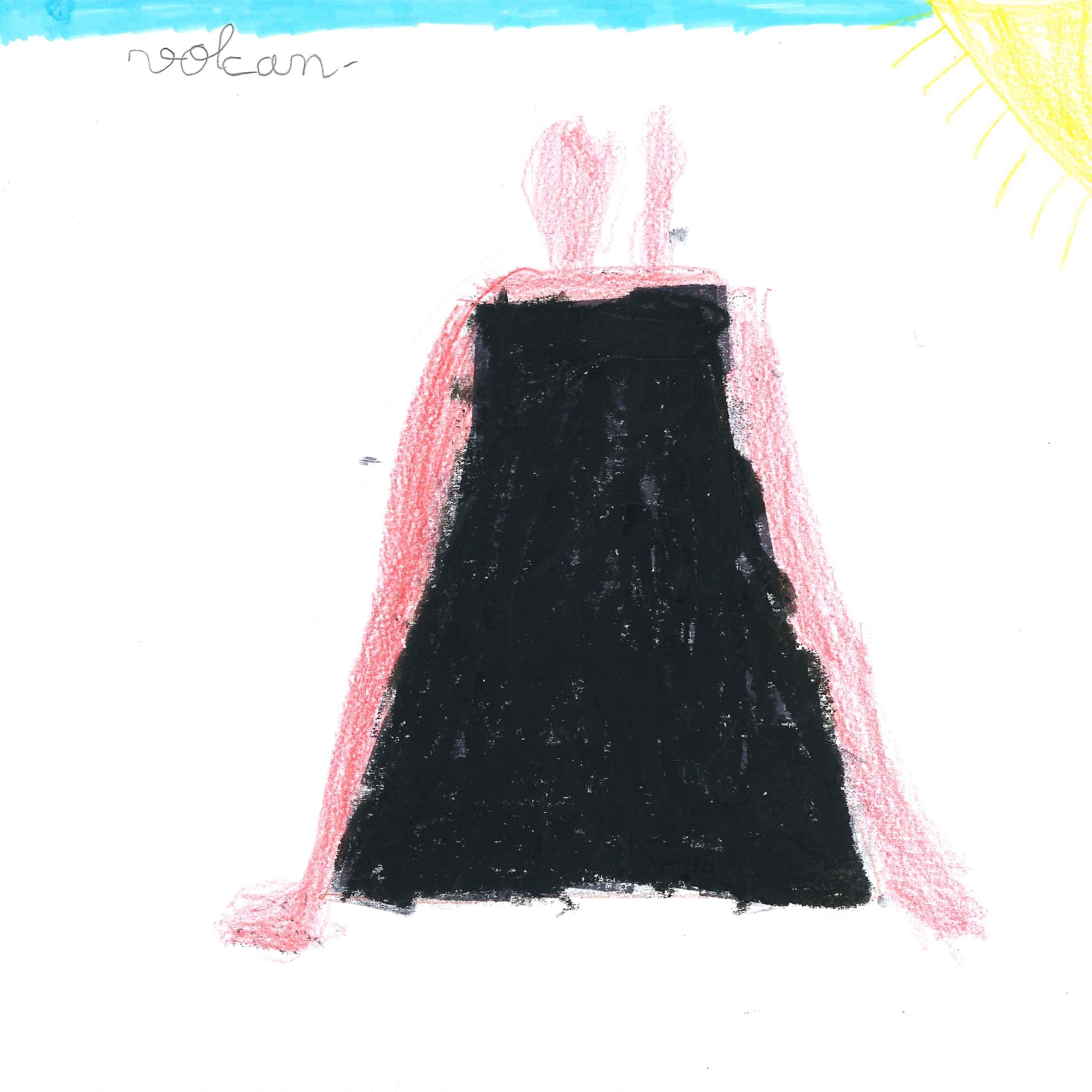 Dessin de Jeanne (6 ans). Mot: VolcanTechnique: Pastels.