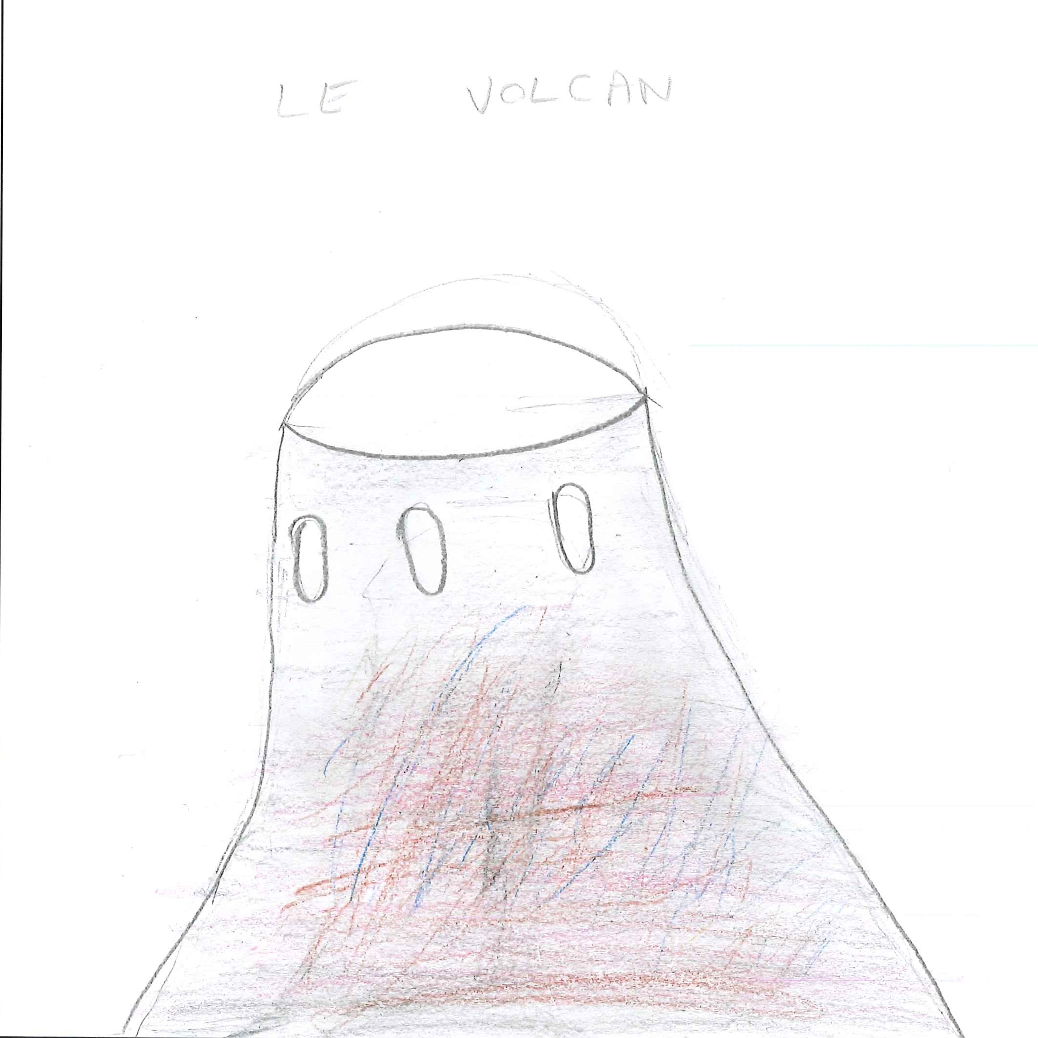 Dessin de Saint-Juste (7 ans). Mot: VolcanTechnique: Crayons.