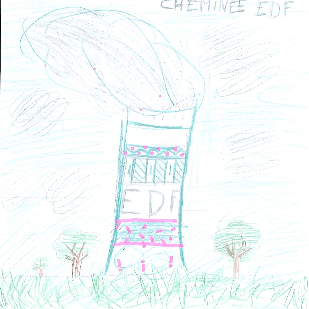 Dessin de Ninon (9 ans). Mot: Cheminées de la centrale thermiqueTechnique: Crayons.