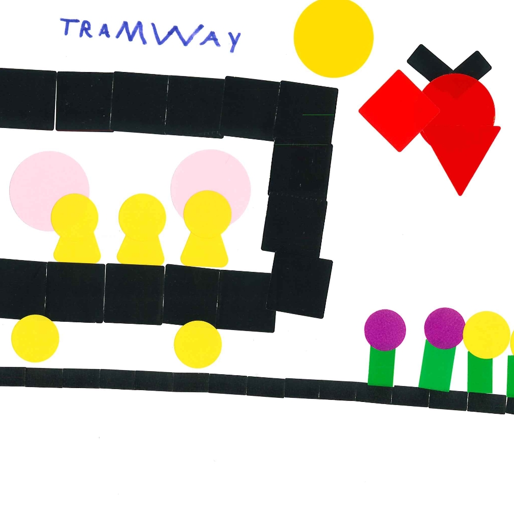 Dessin de Louna (7 ans). Mot: TramwayTechnique: Gommettes.