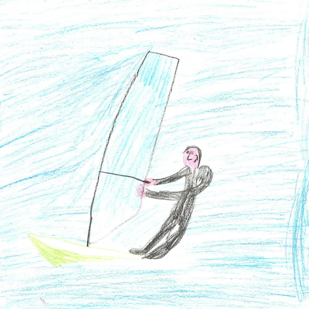 Dessin de Soline (8 ans). Mot: Planche à voileTechnique: Crayons.
