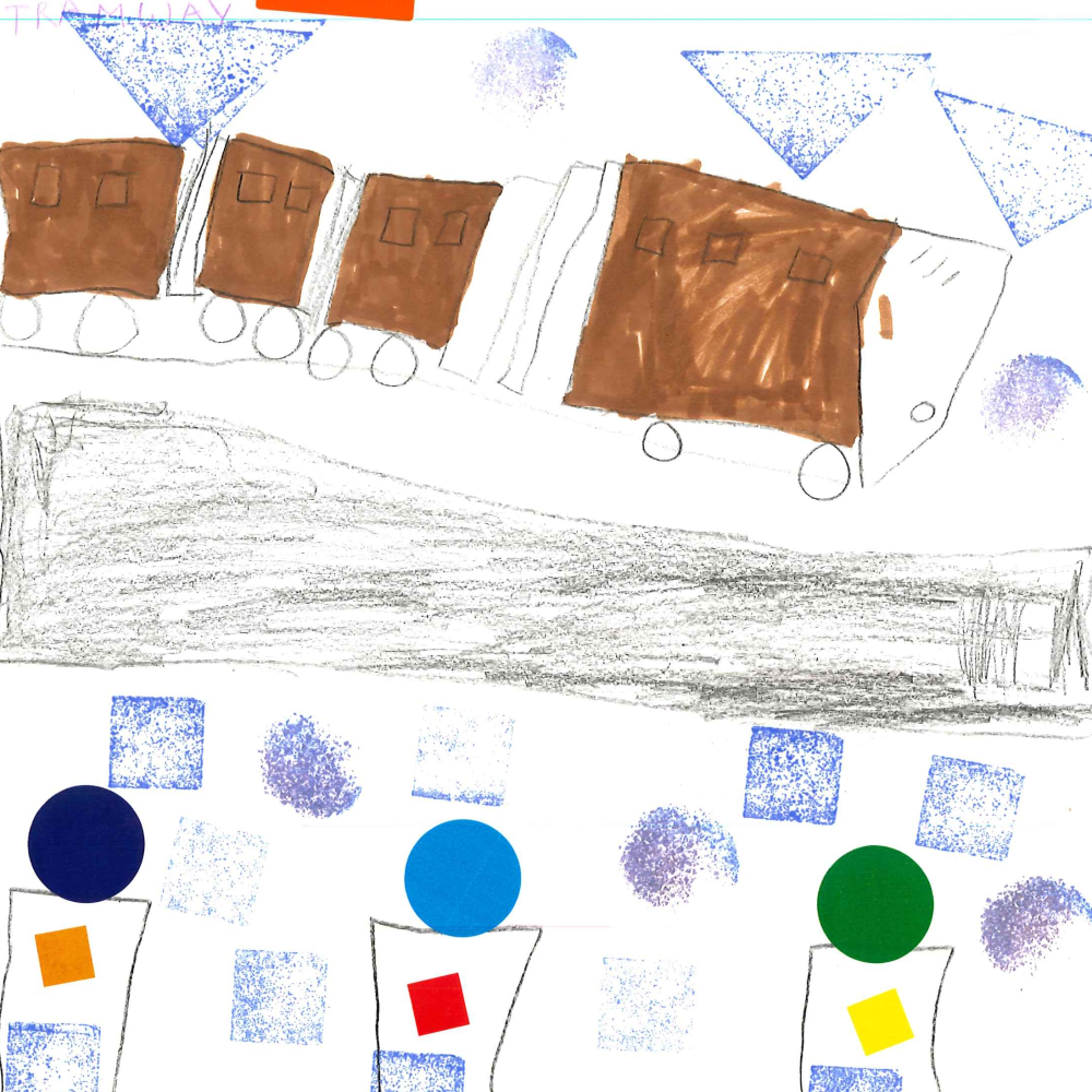 Dessin de Nazanin (8 ans). Mot: TramwayTechnique: Crayons.
