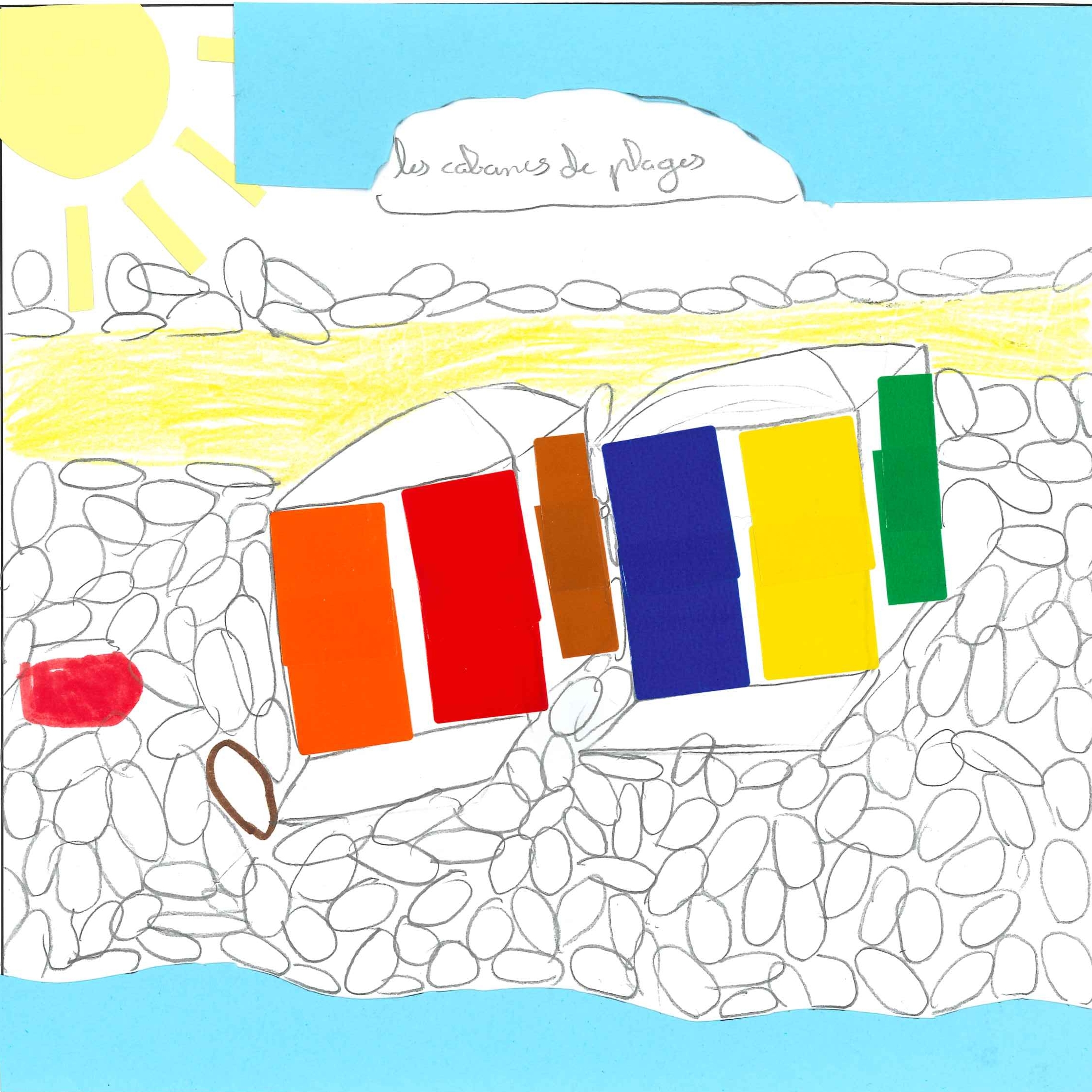Dessin de Clémence (9 ans). Mot: Cabane de plageTechnique: Crayons.