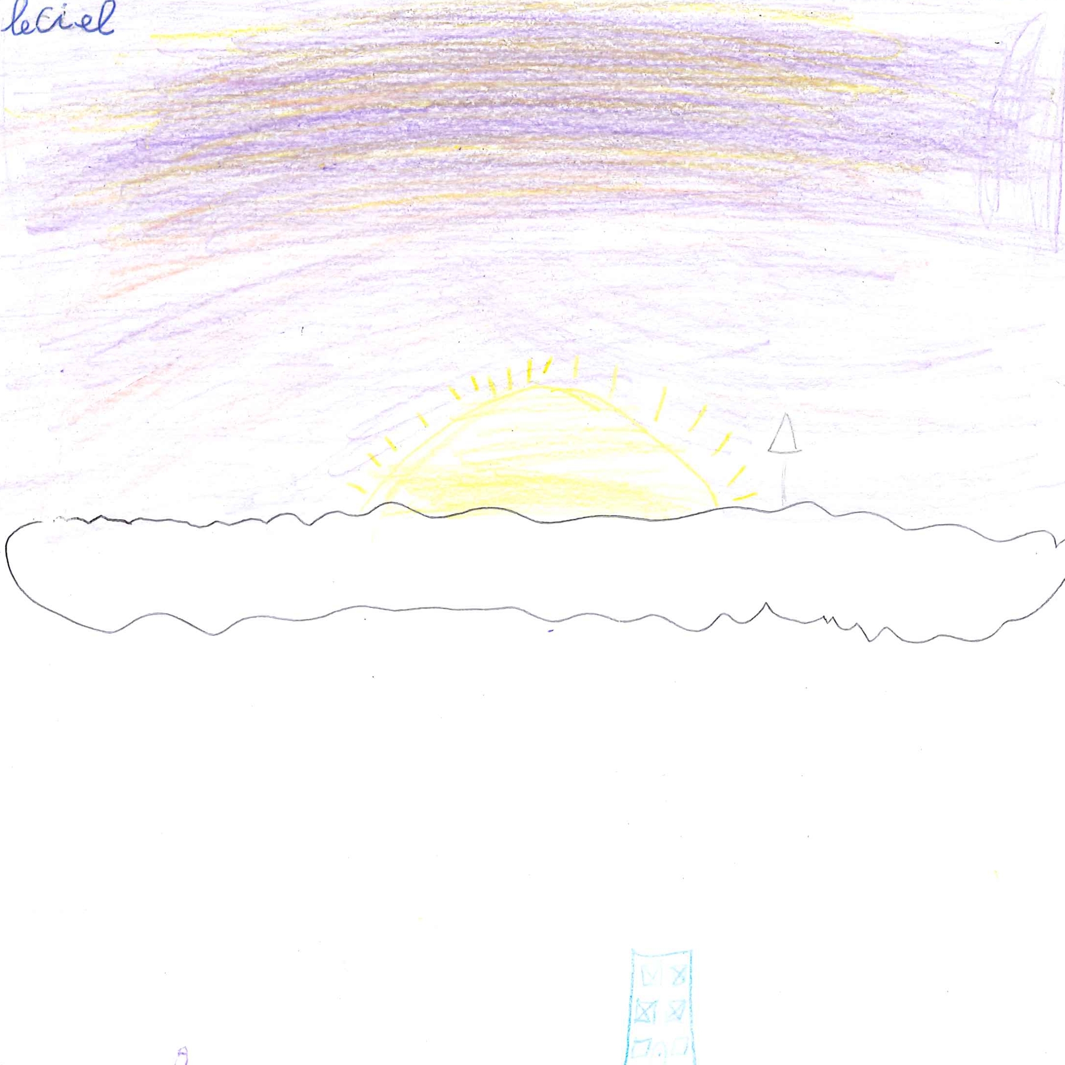 Dessin de Noëlle (6 ans). Mot: CielTechnique: Crayons.