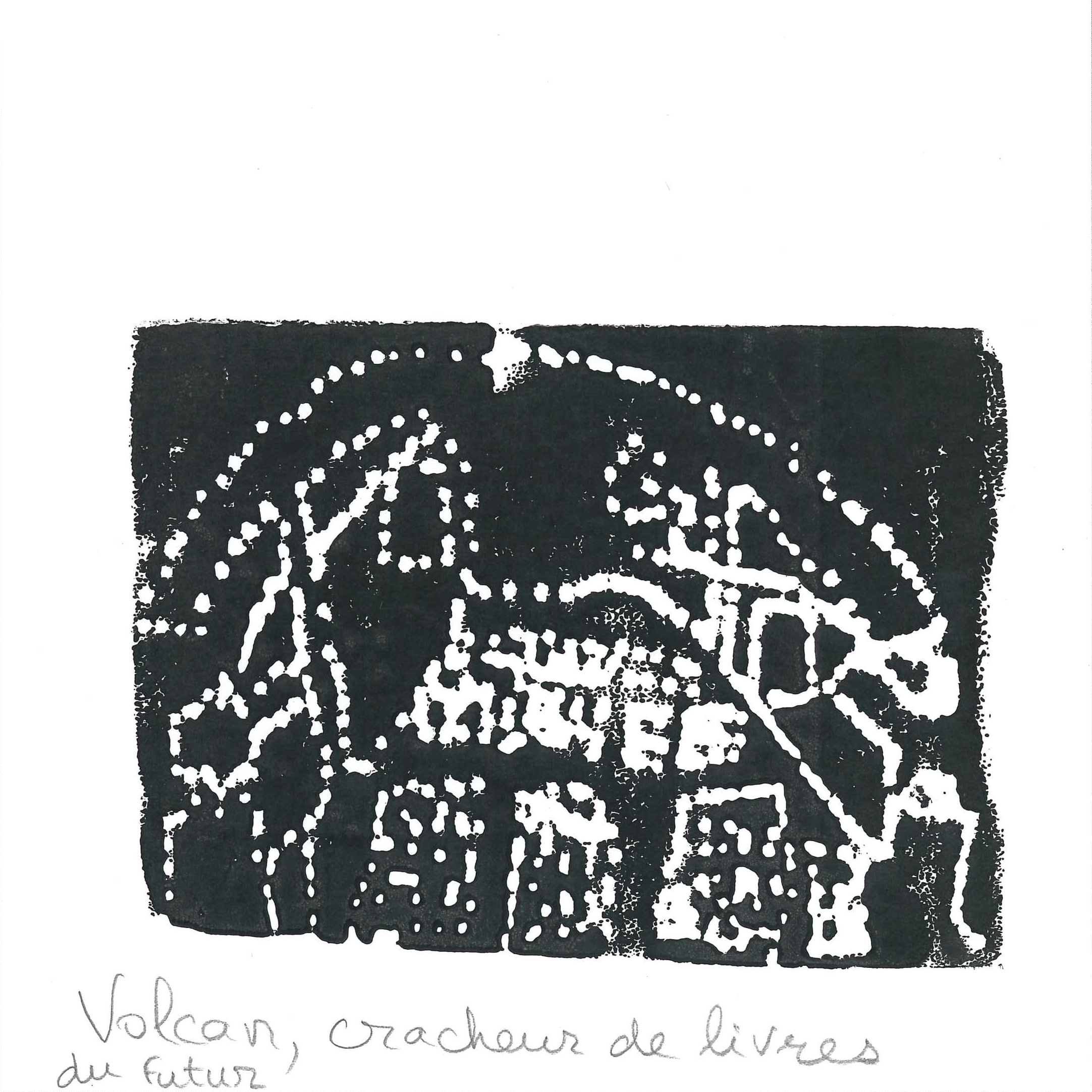 Dessin de Léon (8 ans). Mot: VolcanTechnique: Gravure.