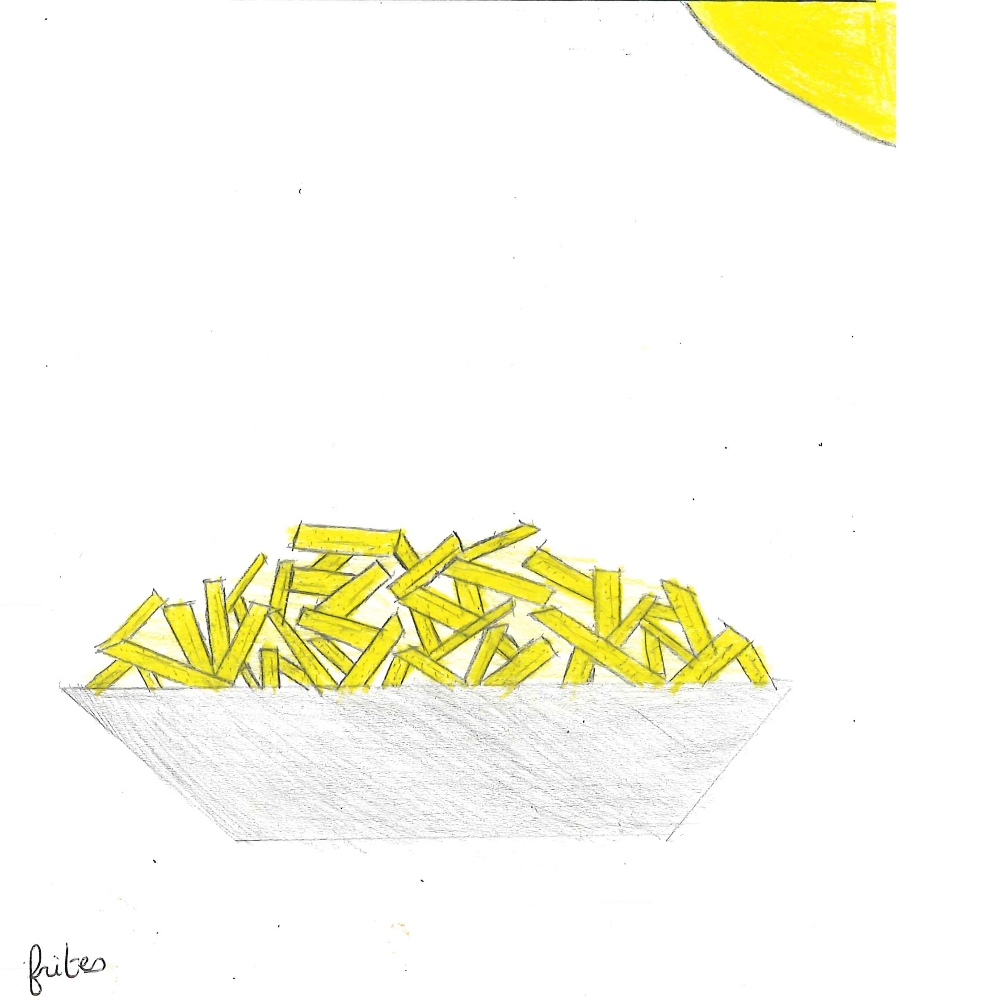 Dessin de Aleksi (12 ans). Mot: Frites à VictorTechnique: Crayons.
