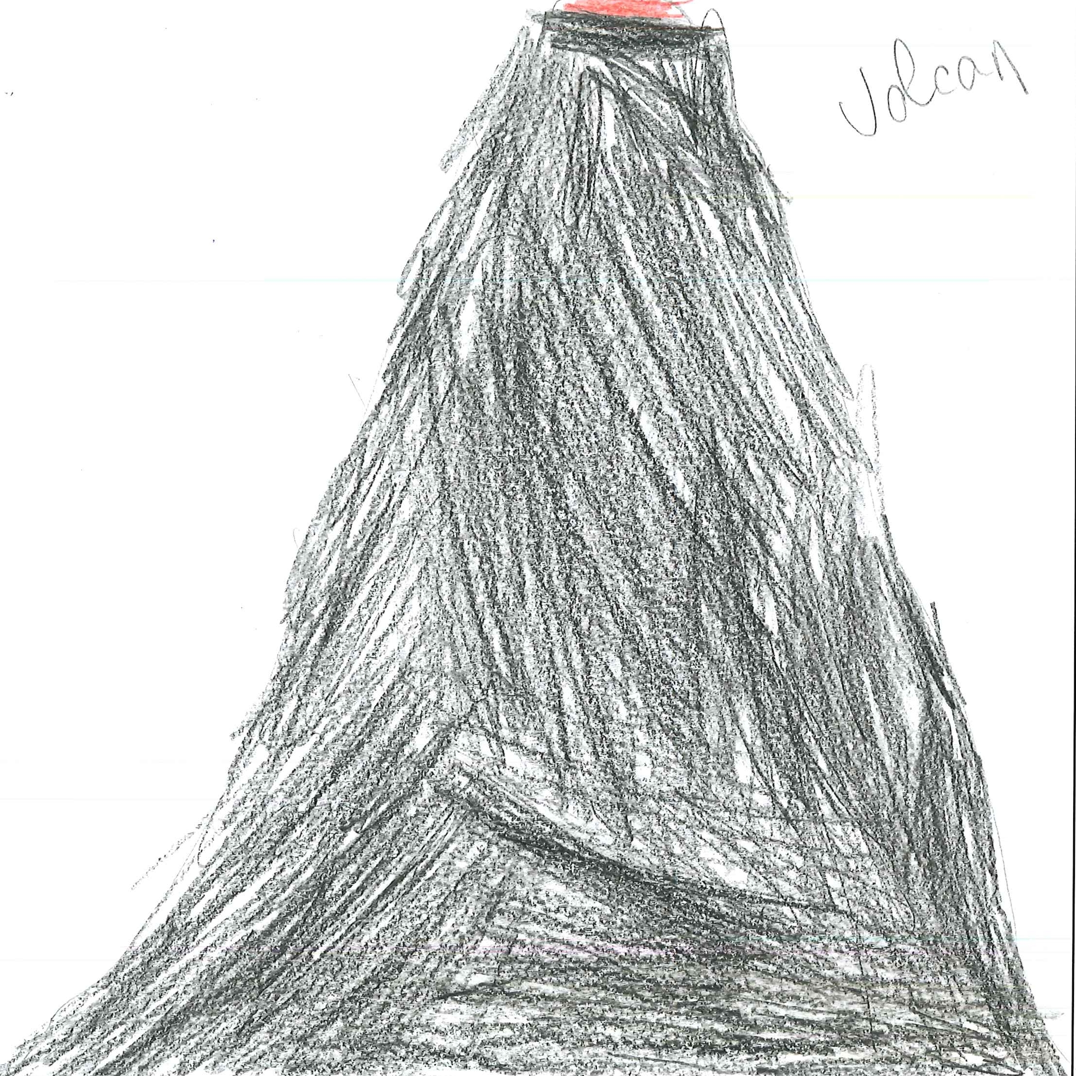 Dessin de Denimo (6 ans). Mot: VolcanTechnique: Crayons.