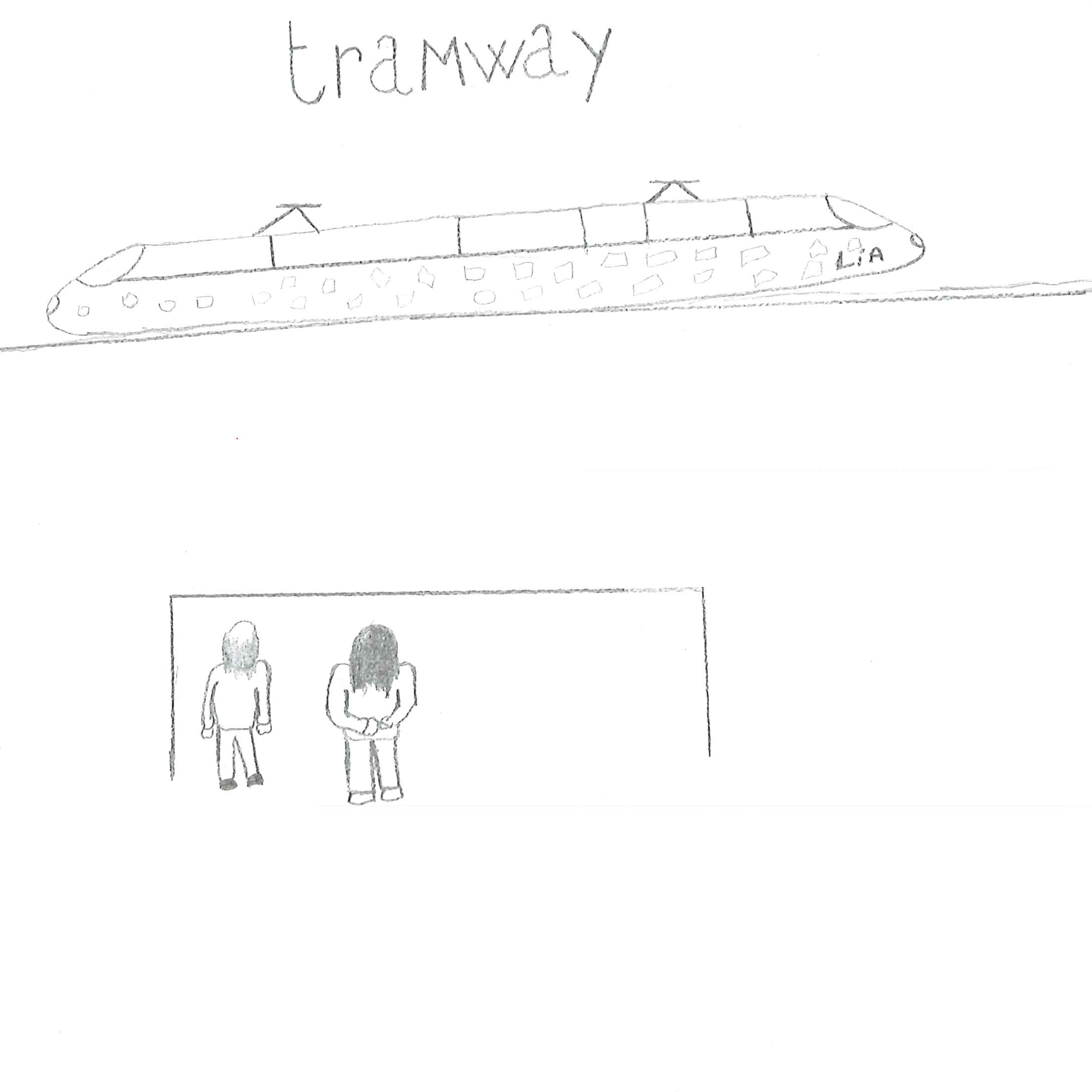 Dessin de Samba (7 ans). Mot: TramwayTechnique: Crayons.