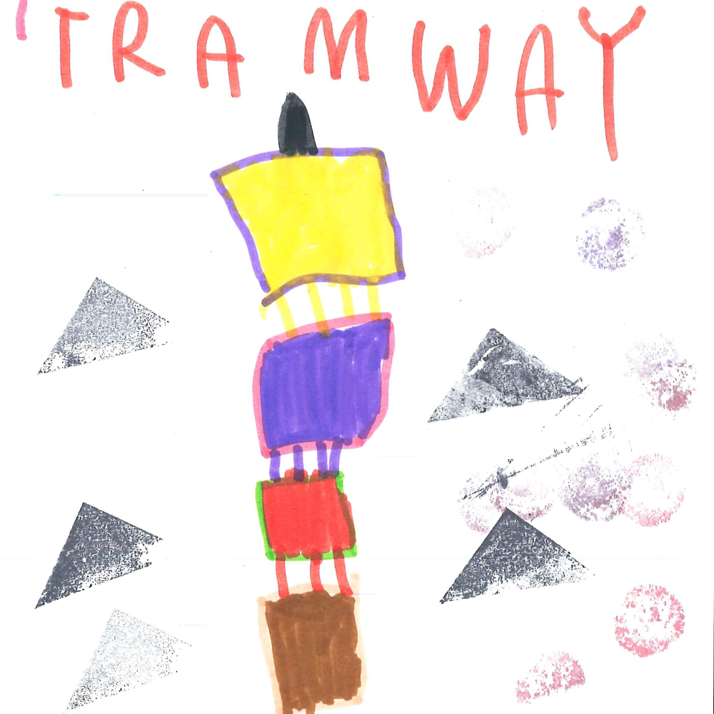 Dessin de Luciana (5 ans). Mot: TramwayTechnique: Feutres.