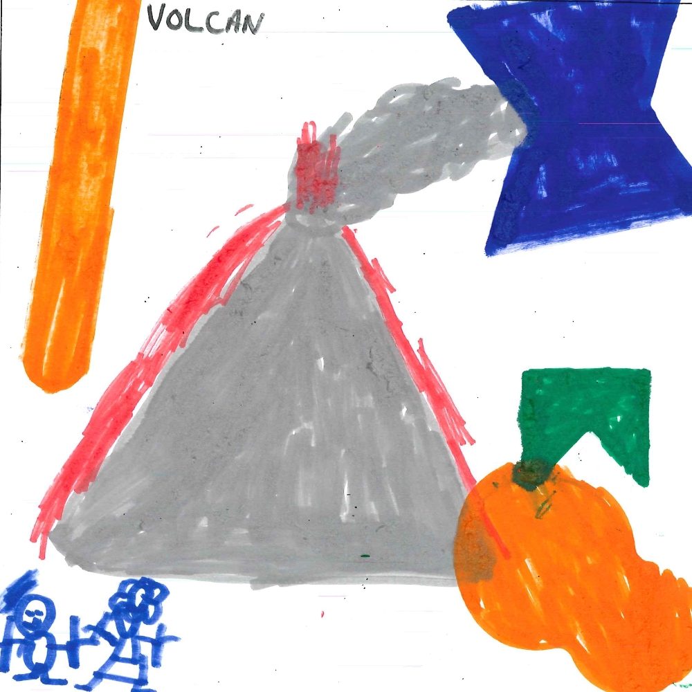 Dessin de Youssouf (5 ans). Mot: VolcanTechnique: Normographe.
