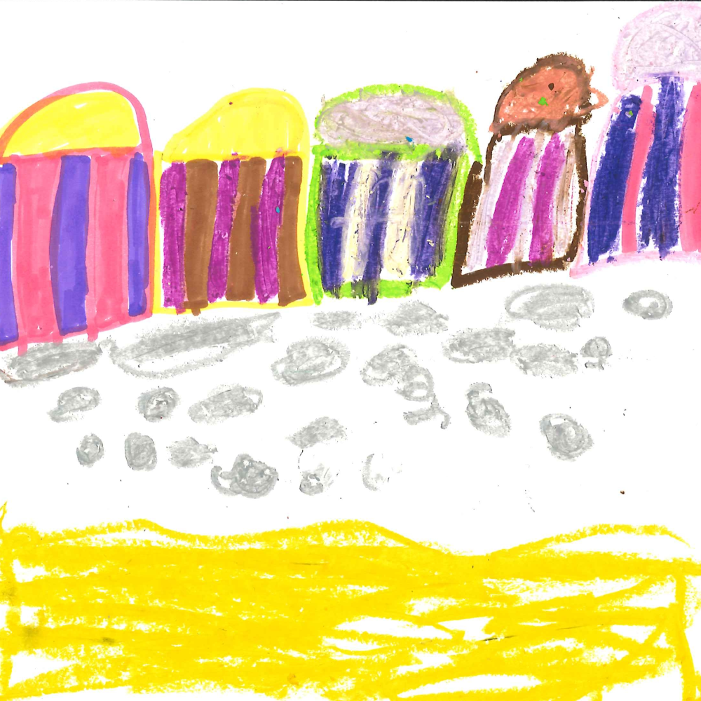 Dessin de Lalia (8 ans). Mot: Cabane de plageTechnique: Pastels.