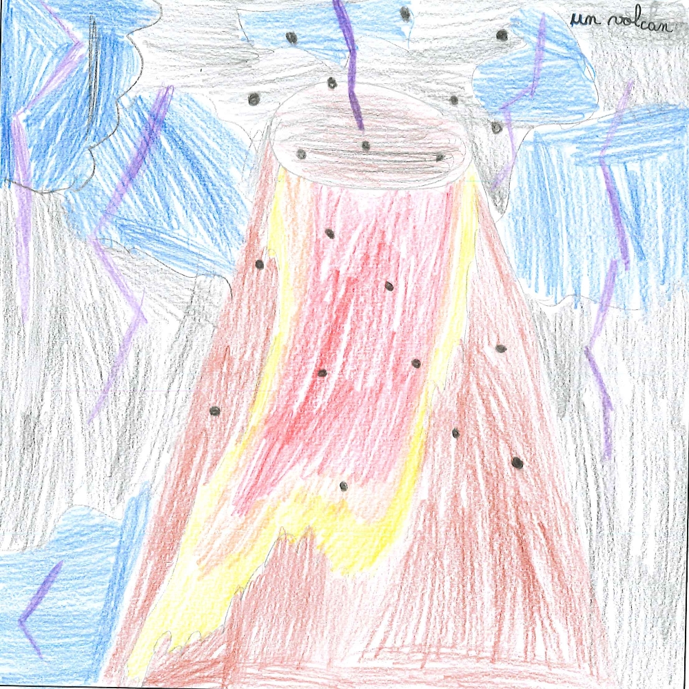 Dessin de Milla (9 ans). Mot: VolcanTechnique: Crayons.