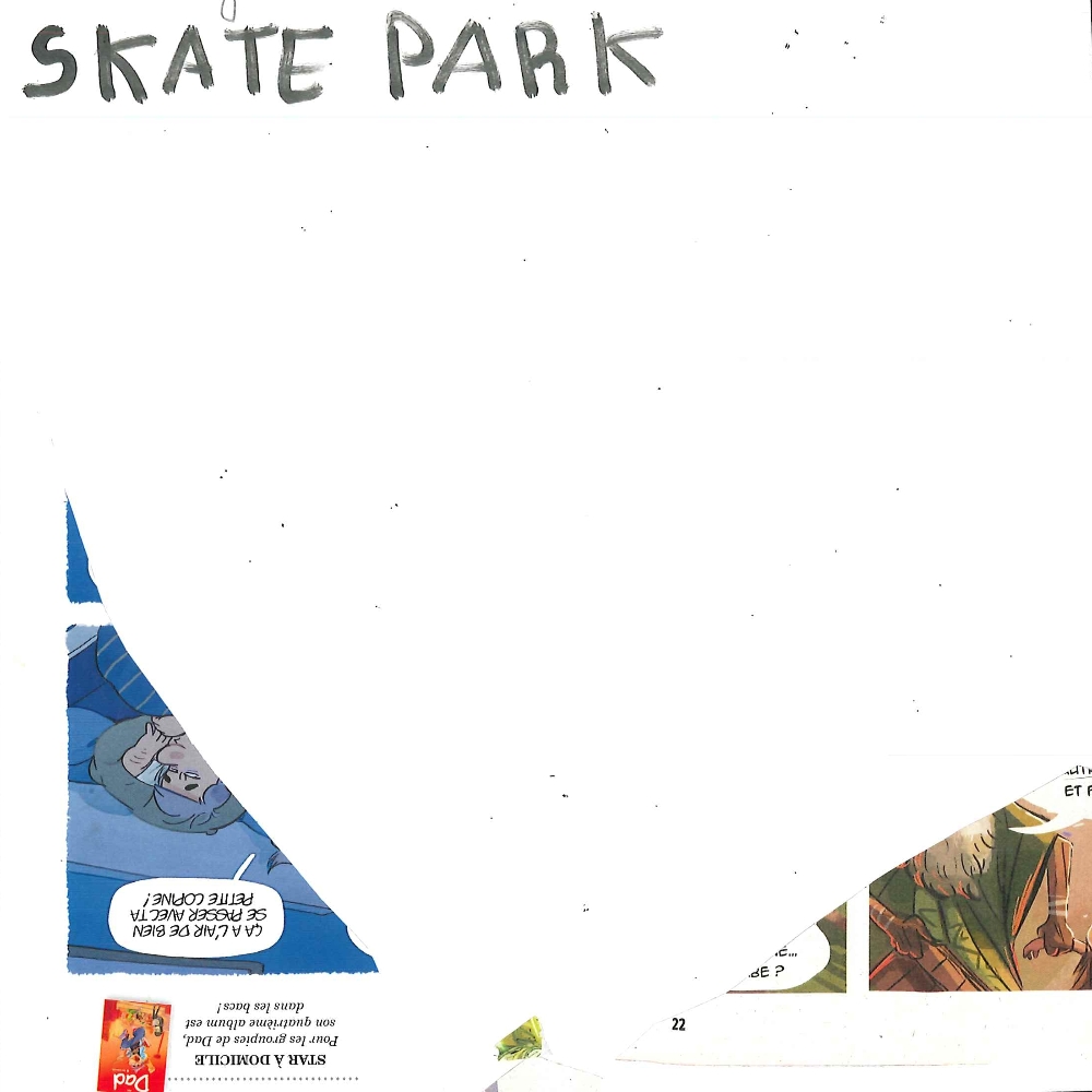 Dessin de Charly (6 ans). Mot: Skate, SkateparkTechnique: Découpage / Collage.
