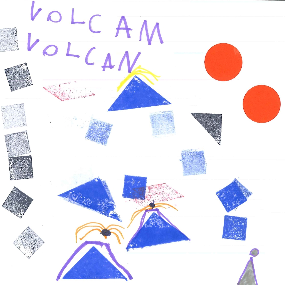 Dessin de Zeynab (6 ans). Mot: VolcanTechnique: Tampons.