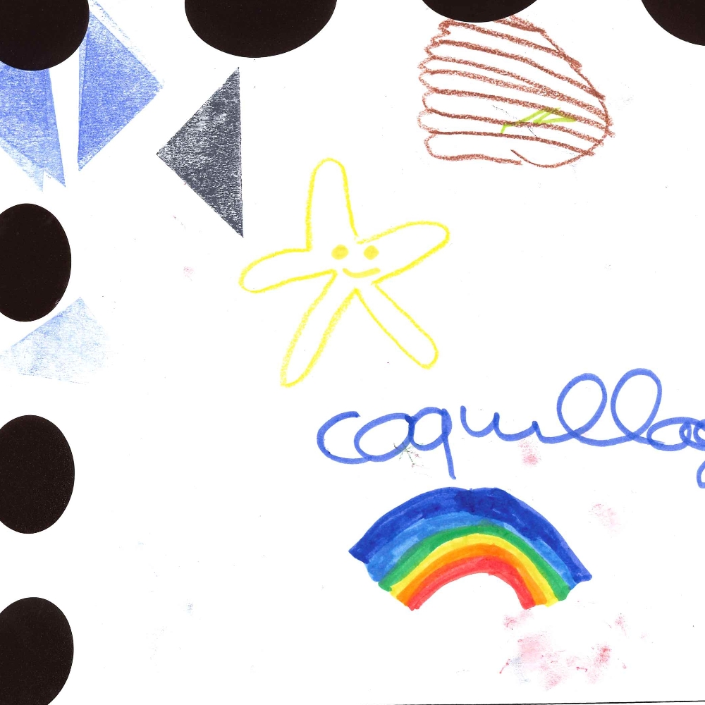 Dessin de Souad (8 ans). Mot: CoquillageTechnique: Crayons.