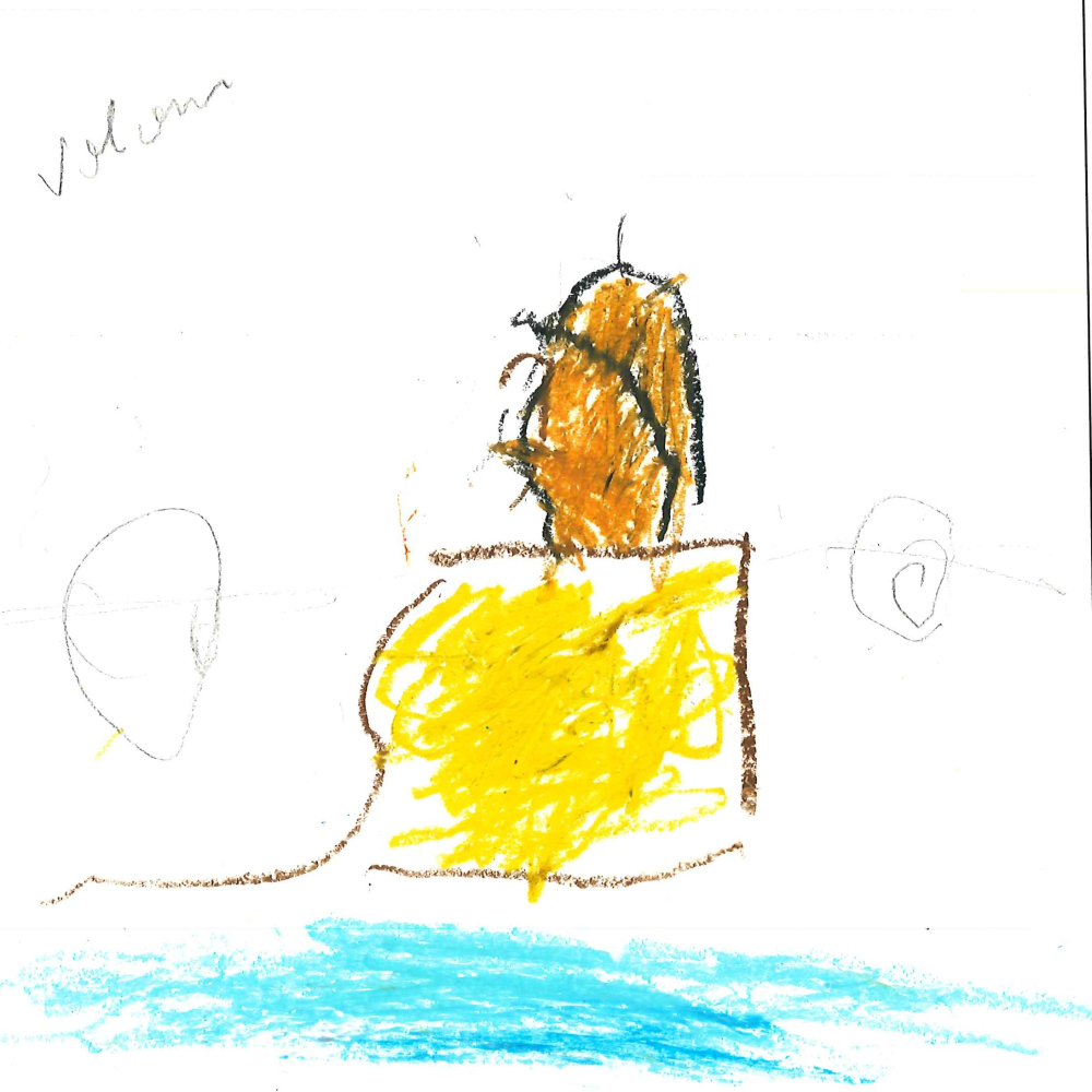 Dessin de Yasmina (4 ans). Mot: VolcanTechnique: Pastels.