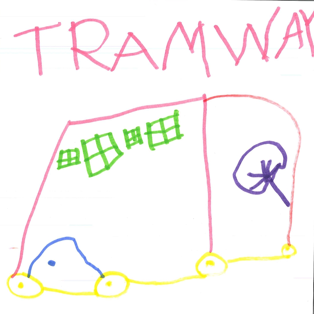 Dessin de Nikita (4 ans). Mot: TramwayTechnique: Feutres.
