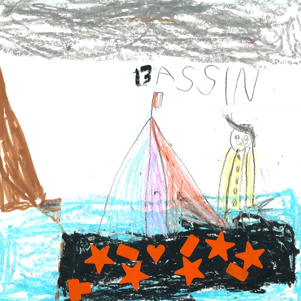 Dessin de Fozti (5 ans). Mot: BassinTechnique: Pastels.