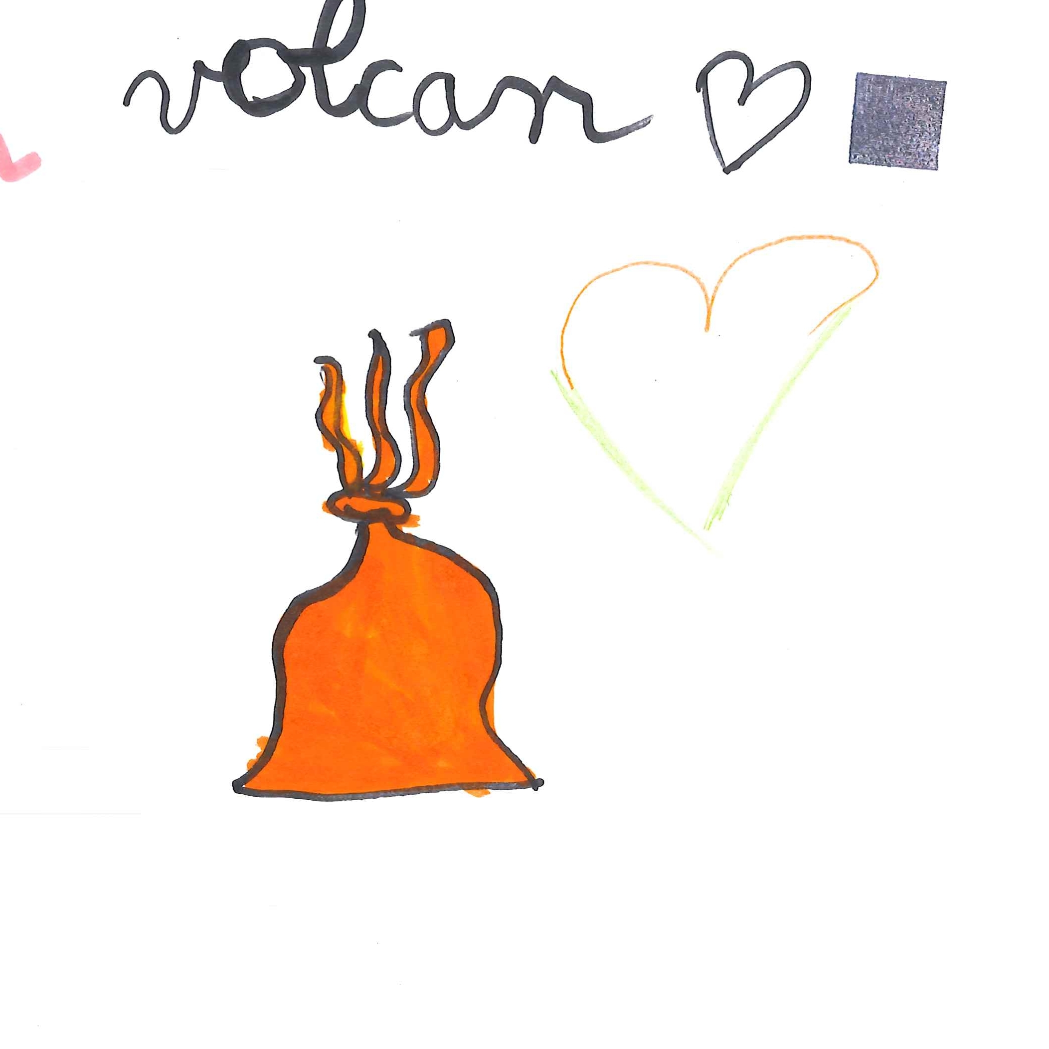 Dessin de Miryam (6 ans). Mot: VolcanTechnique: Feutres.
