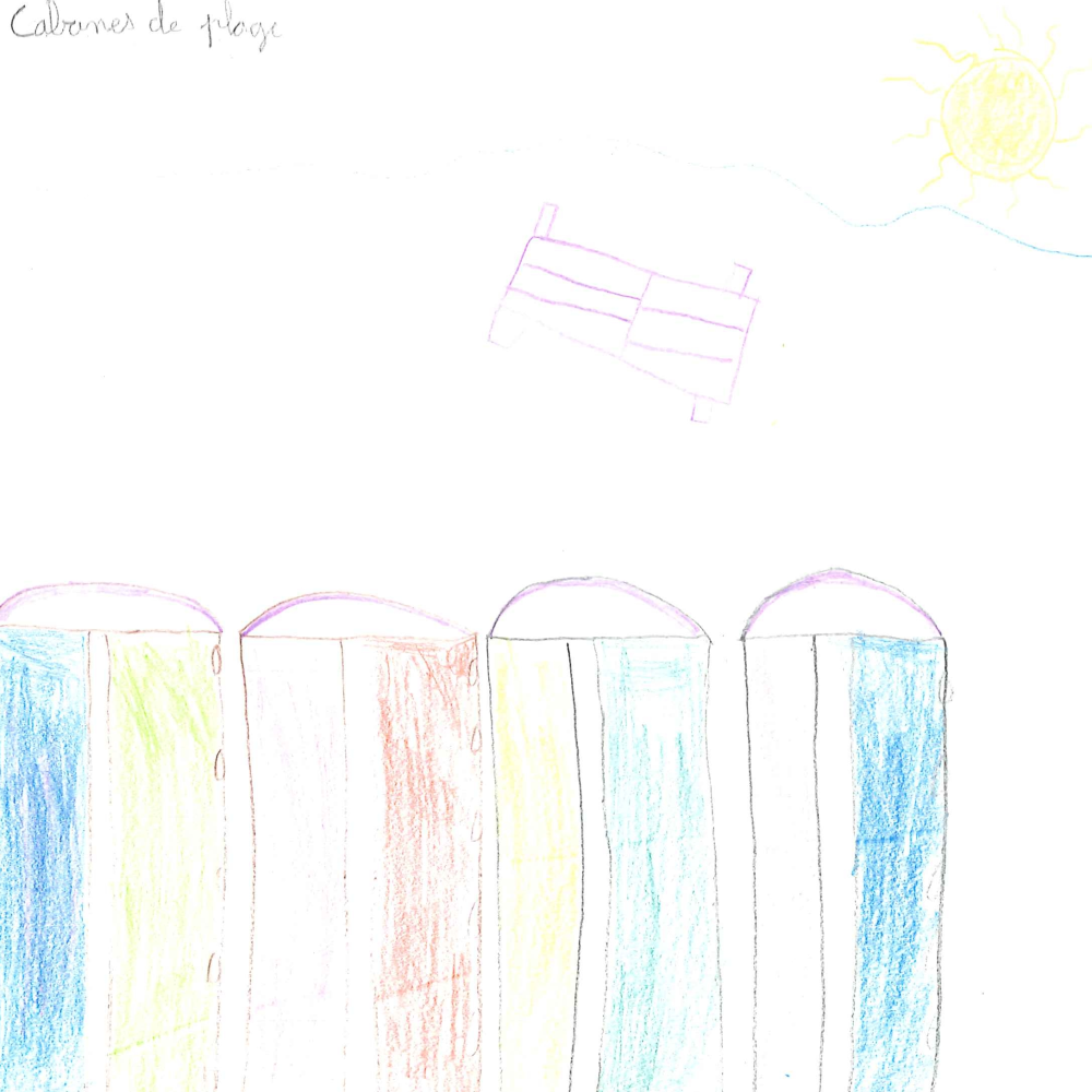 Dessin de Louise (10 ans). Mot: Cabane de plageTechnique: Crayons.