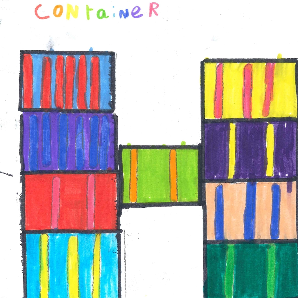 Dessin de Chloé (9 ans). Mot: ContainerTechnique: Normographe.