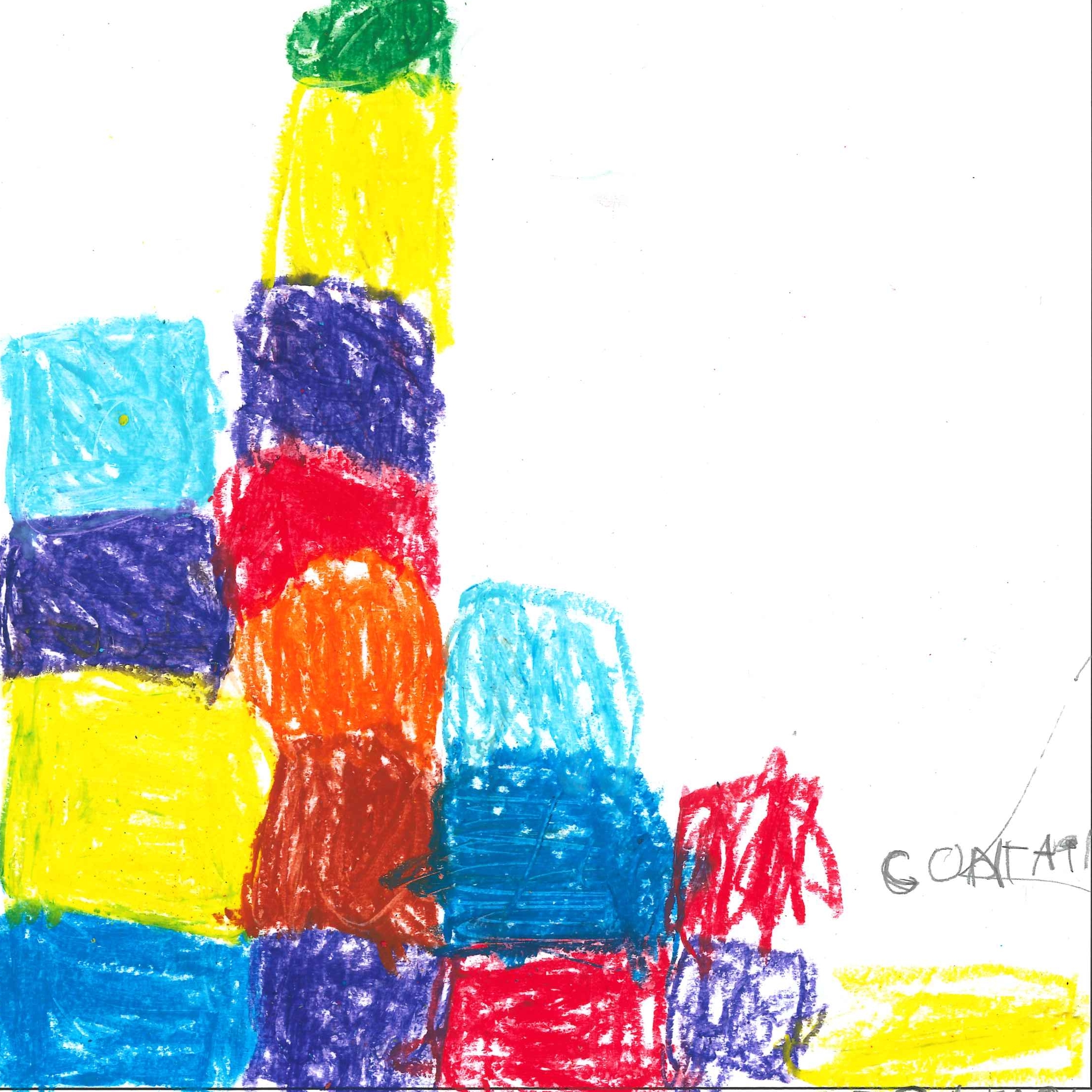 Dessin de Gabriel (5 ans). Mot: ContainerTechnique: Pastels.