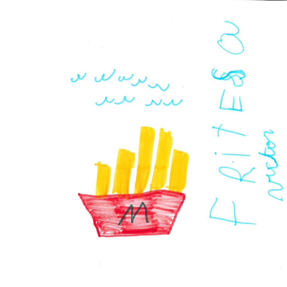 Dessin de Anton (7 ans). Mot: Frites à VictorTechnique: Feutres.