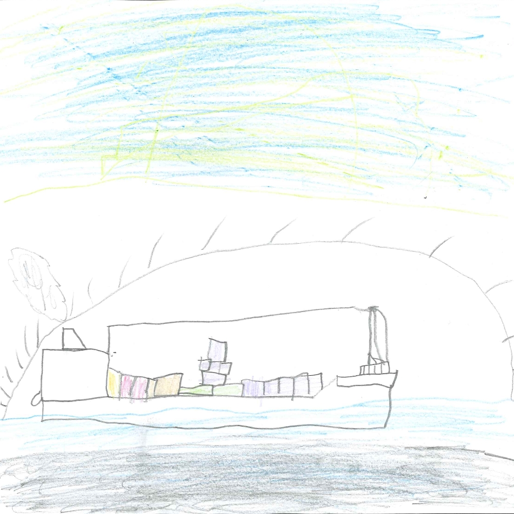 Dessin de Lucas (7 ans). Mot: CargoTechnique: Crayons.