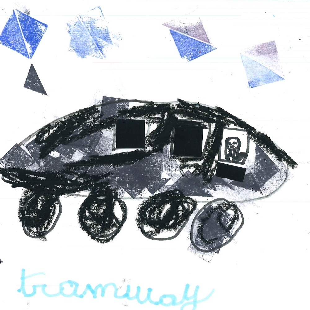 Dessin de Chloé (7 ans). Mot: TramwayTechnique: Pastels.