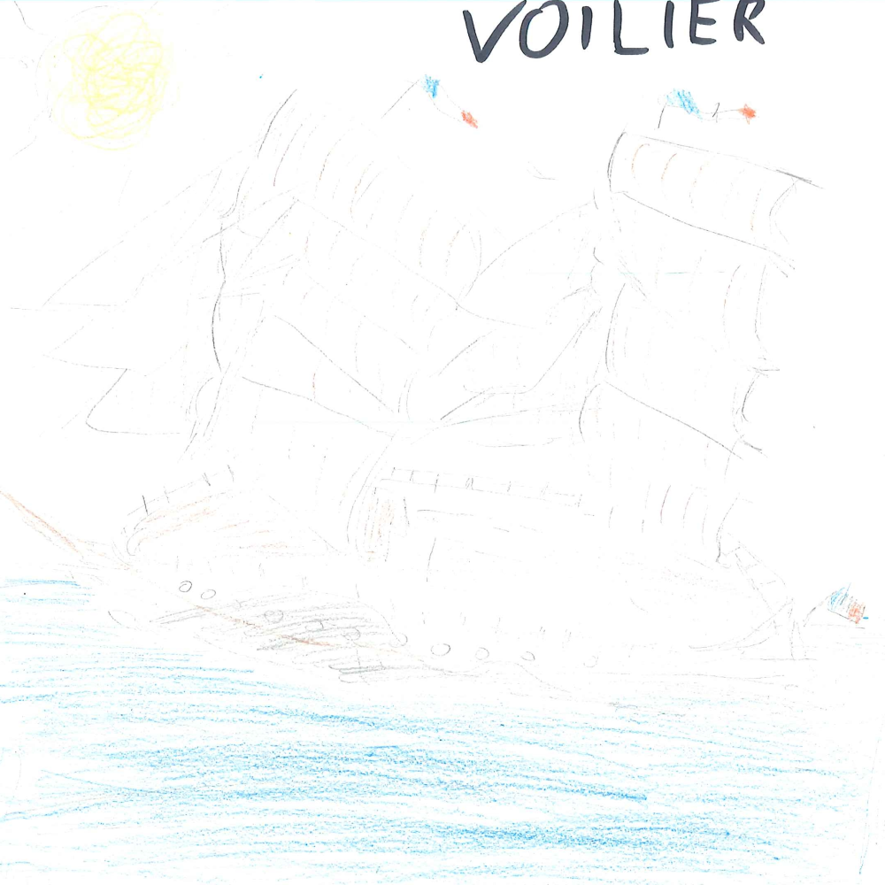 Dessin de Aurès (10 ans). Mot: VoilierTechnique: Crayons.