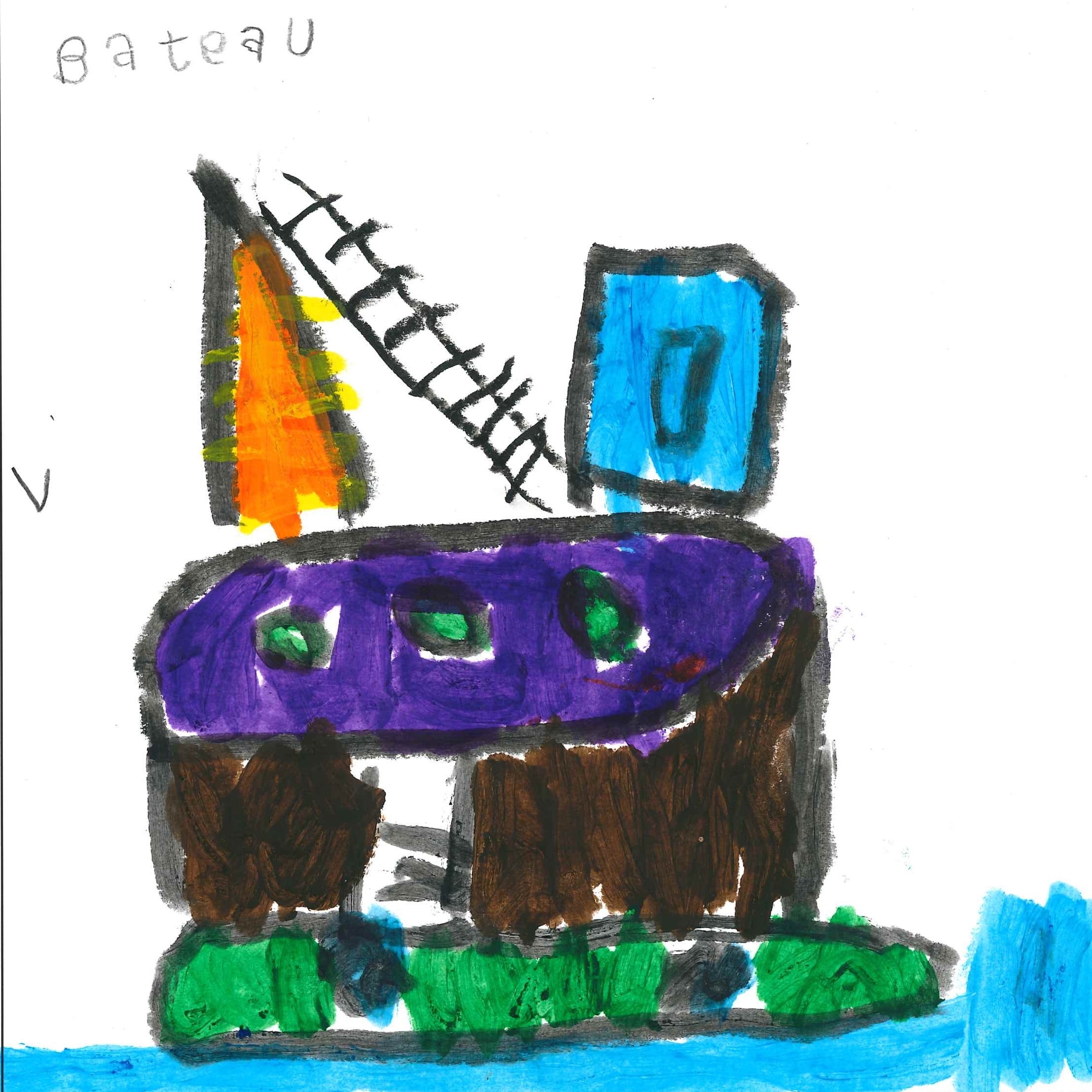 Dessin de Benjamin (6 ans). Mot: BateauTechnique: Peinture.