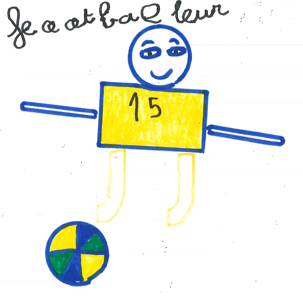 Dessin de Béatrice (6 ans). Mot: Footballeur, FootballeuseTechnique: Normographe.