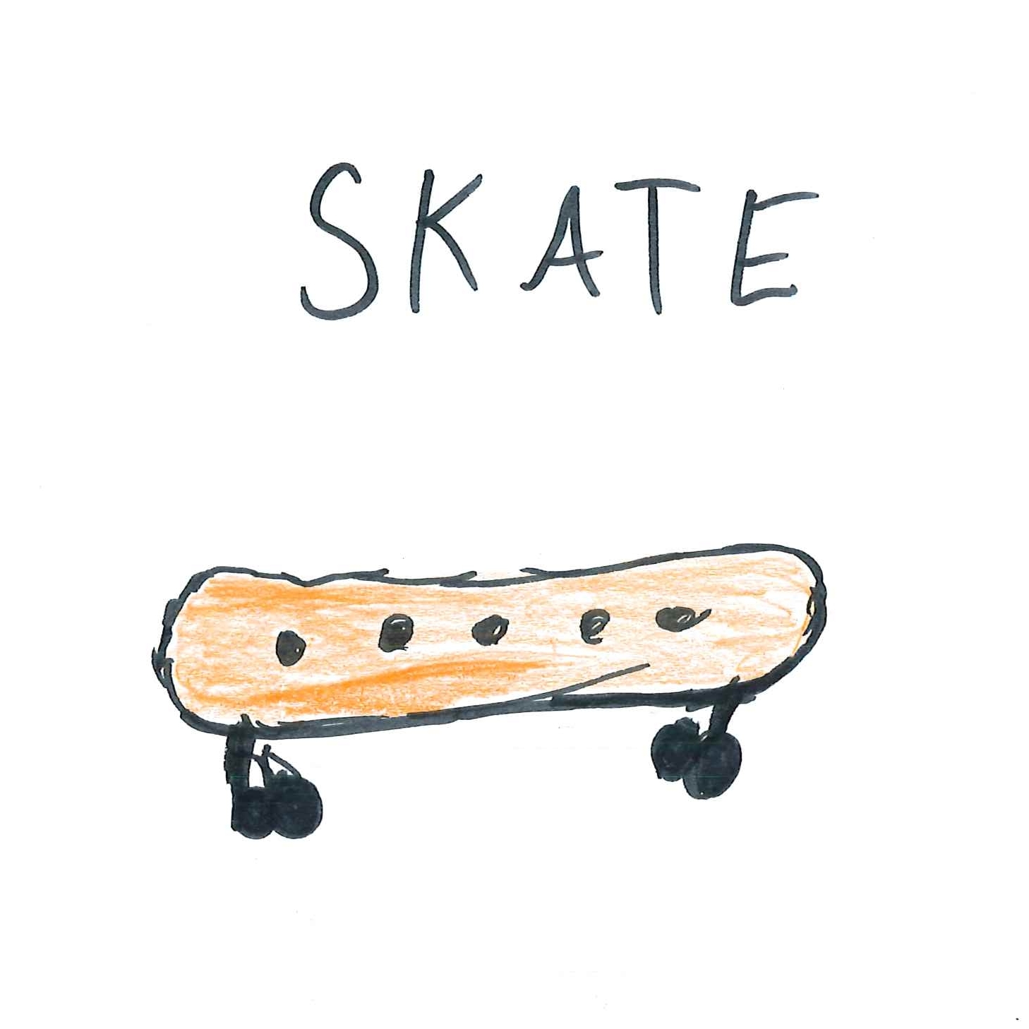 Dessin de Ethan (9 ans). Mot: Skate, SkateparkTechnique: Feutres.