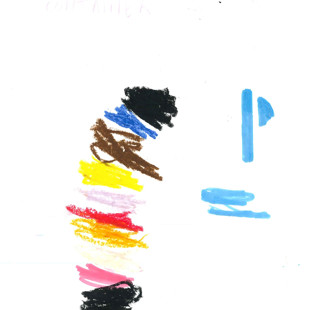 Dessin de Issa (4 ans). Mot: ContainerTechnique: Pastels.