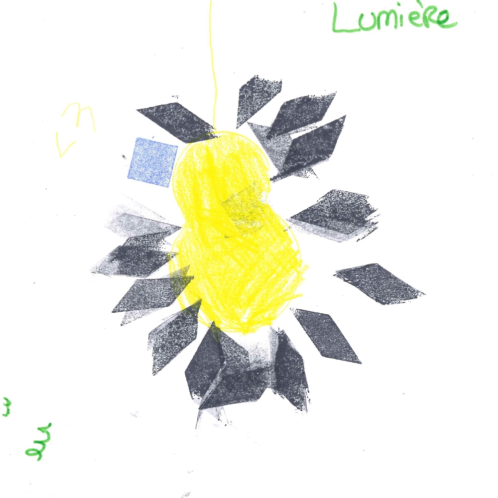 Dessin de Lilia (5 ans). Mot: LumièreTechnique: Crayons.