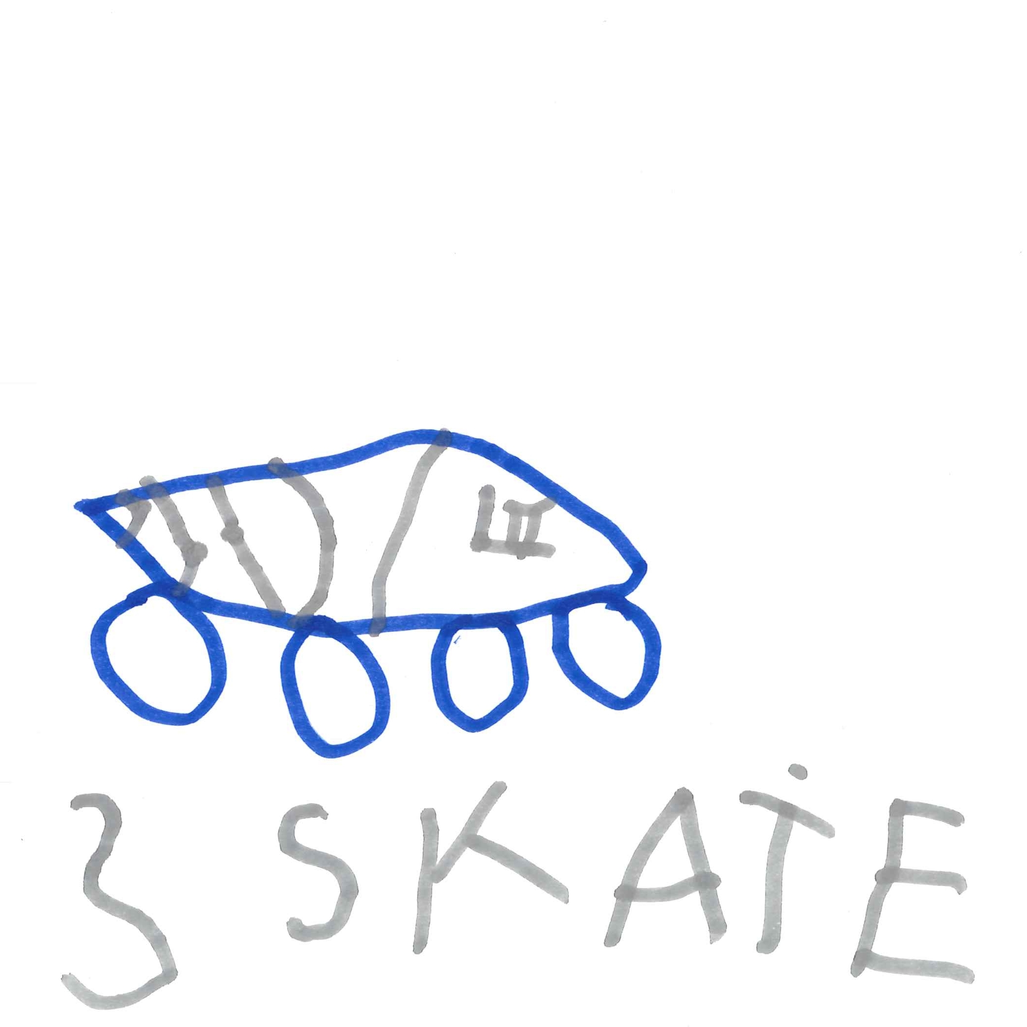 Dessin de Timéo (6 ans). Mot: Skate, SkateparkTechnique: Feutres.