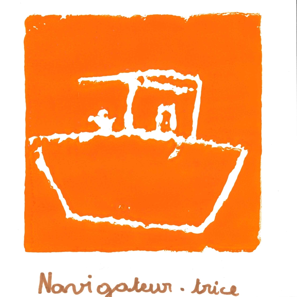 Dessin de Clément (8 ans). Mot: Navigatrice, NavigateurTechnique: Gravure.