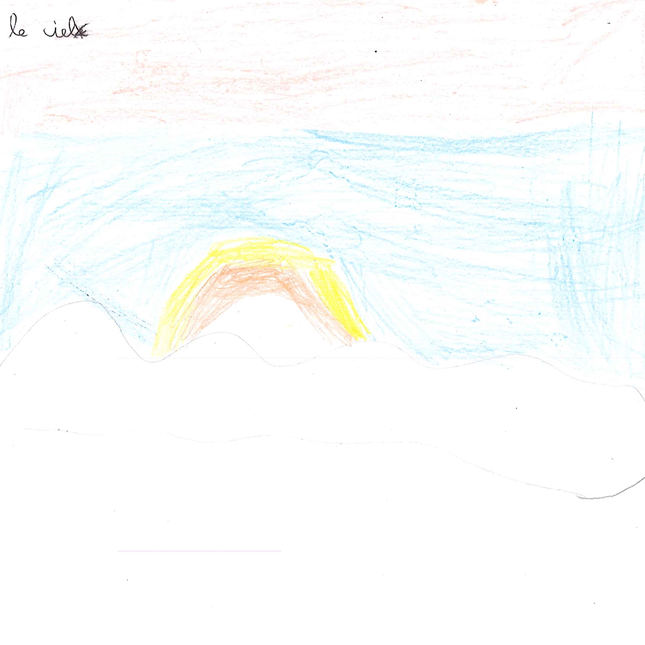 Dessin de Marwa (6 ans). Mot: CielTechnique: Crayons.