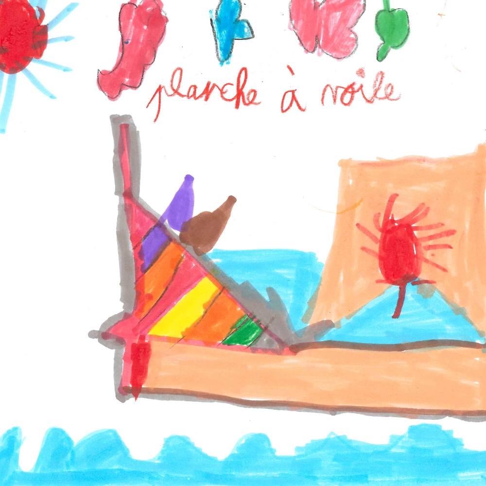 Dessin de Hugo (8 ans). Mot: Planche à voileTechnique: Feutres.