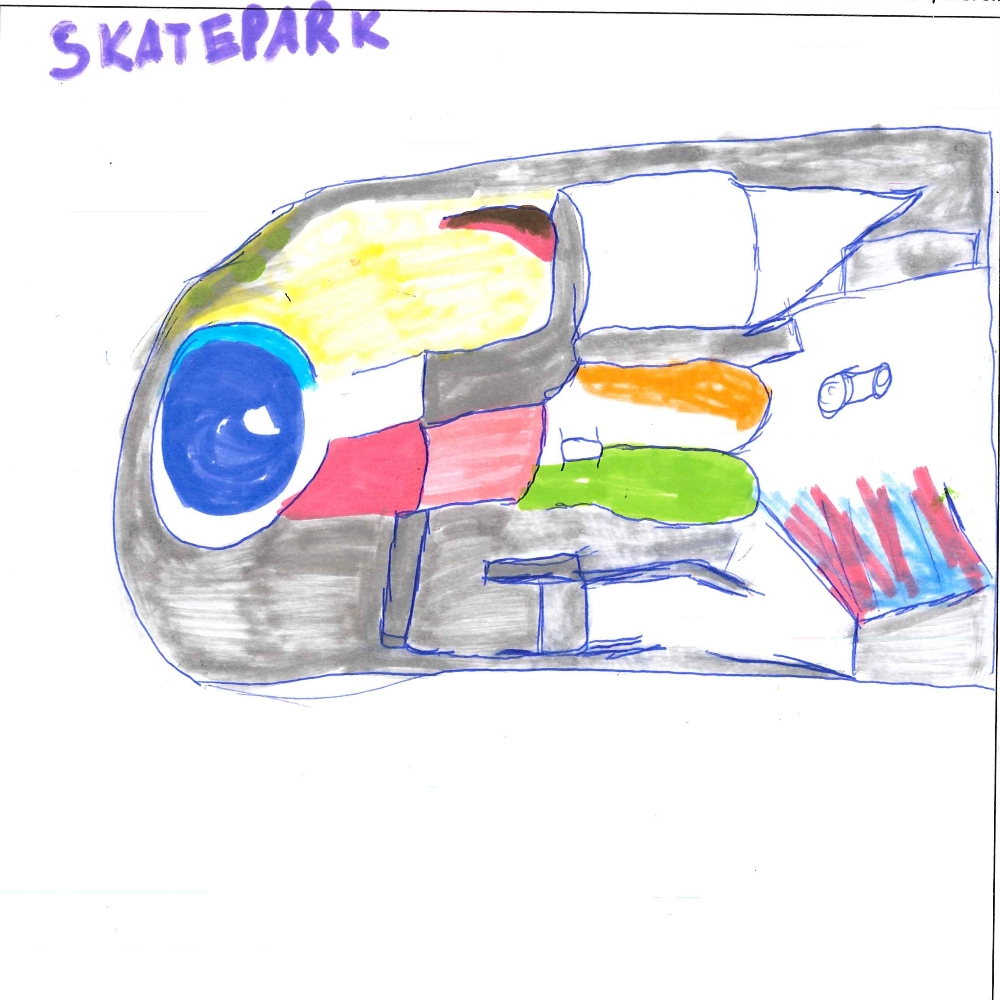 Dessin de Gabin (10 ans). Mot: Skate, SkateparkTechnique: Feutres.
