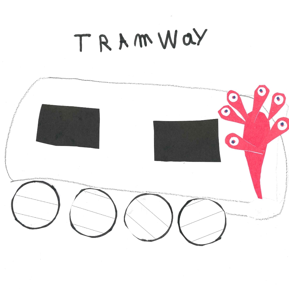 Dessin de Asia (7 ans). Mot: TramwayTechnique: Découpage / Collage.