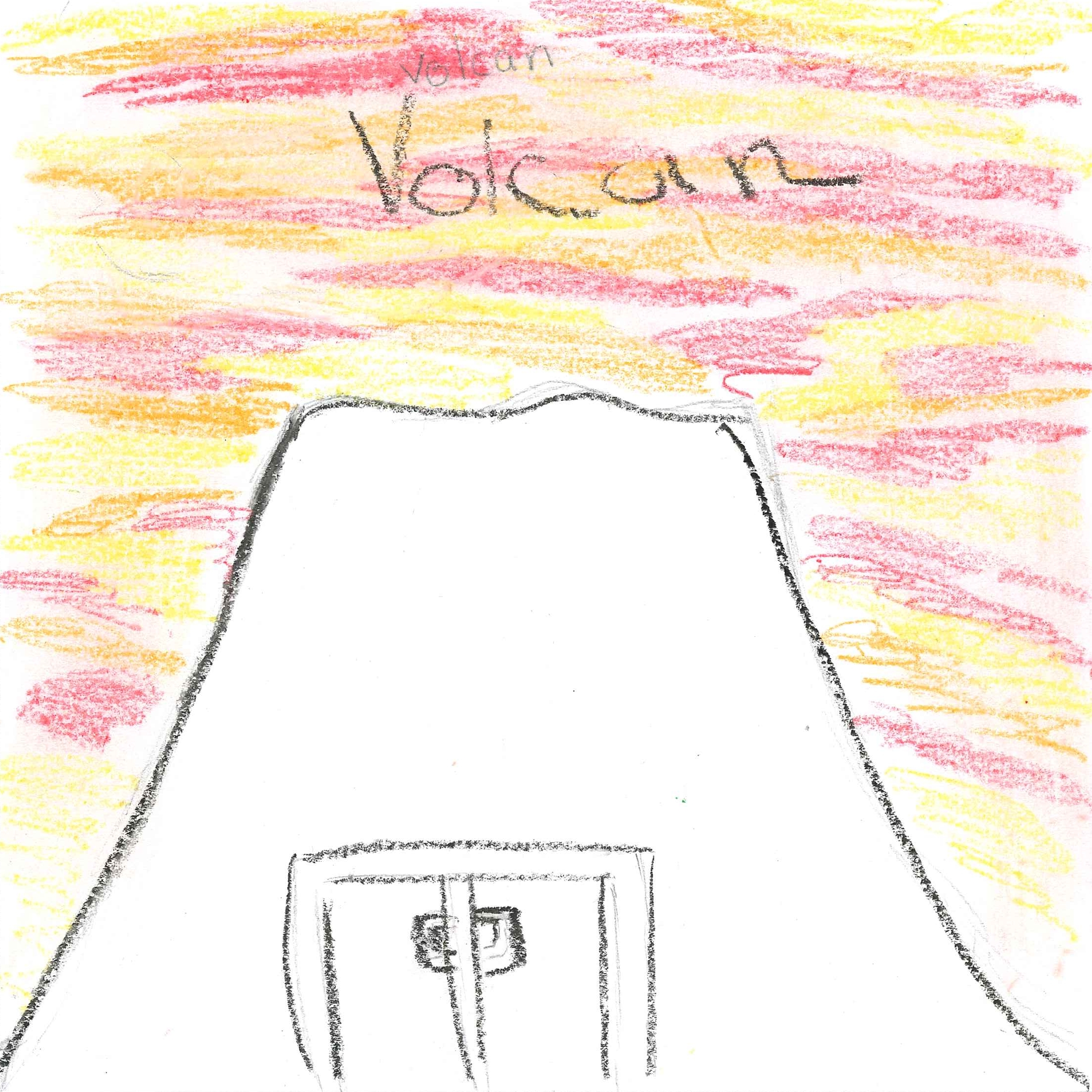Dessin de Zainab (9 ans). Mot: VolcanTechnique: Pastels.