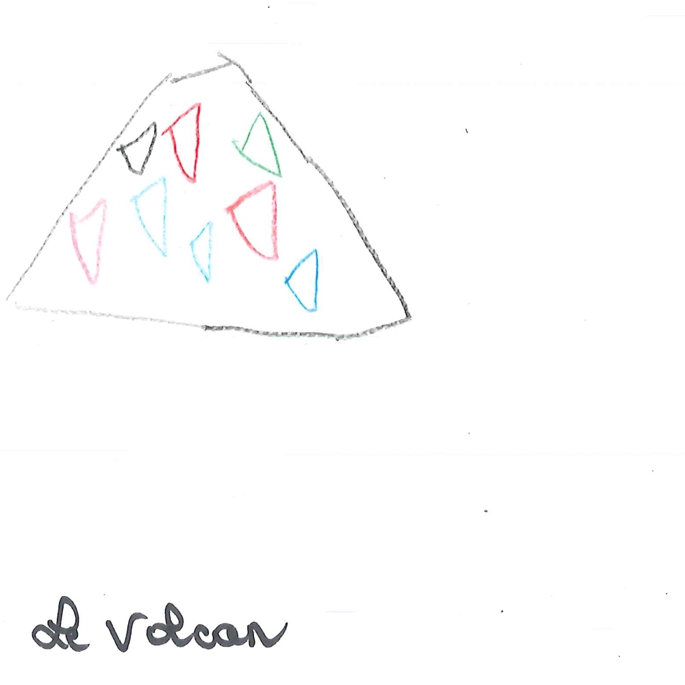 Dessin de Baïdy (6 ans). Mot: VolcanTechnique: Crayons.