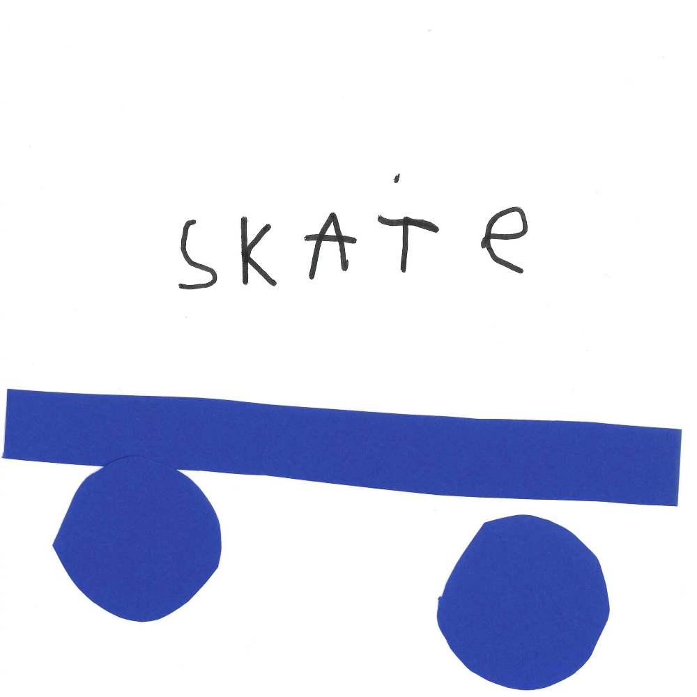 Dessin de Ethan (7 ans). Mot: Skate, SkateparkTechnique: Découpage / Collage.