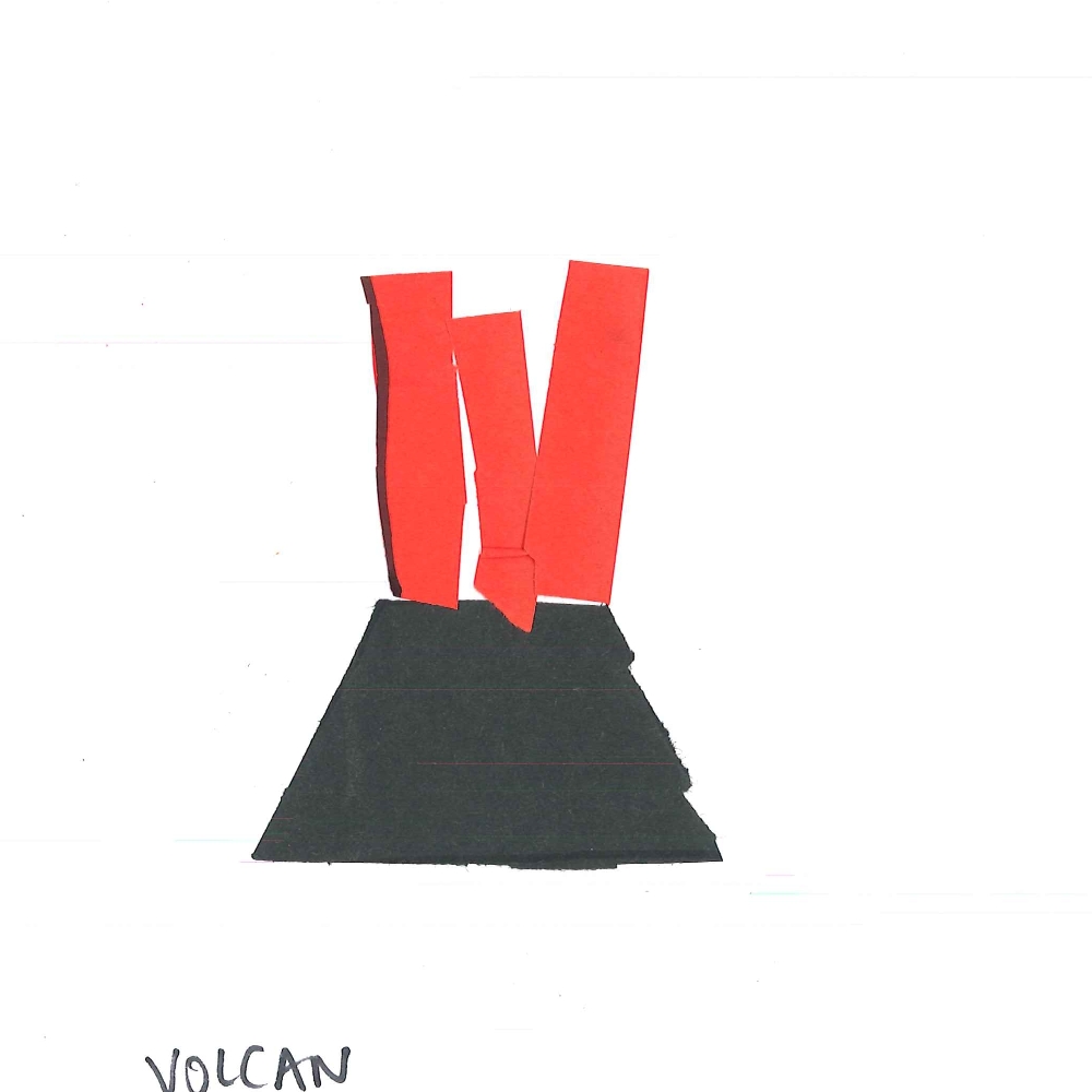 Dessin de Ismaël (5 ans). Mot: VolcanTechnique: Découpage / Collage.