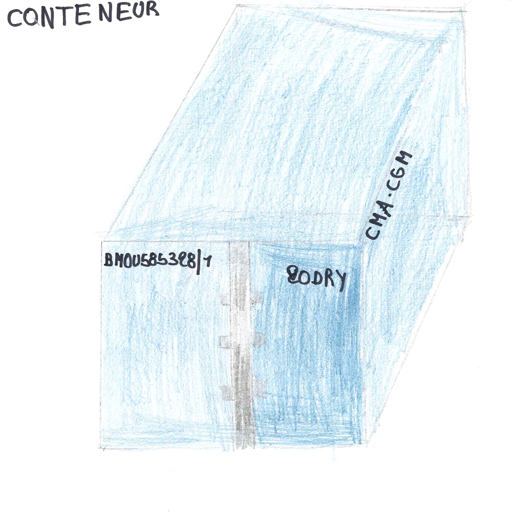 Dessin de Samuel (10 ans). Mot: ContainerTechnique: Crayons.